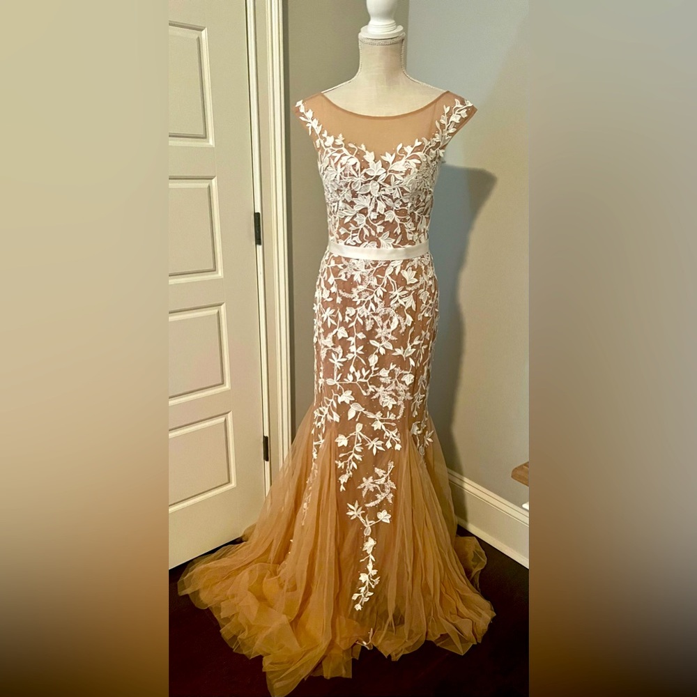 Sherri Hill Nude and White Floral Appliqué Mermaid Gown